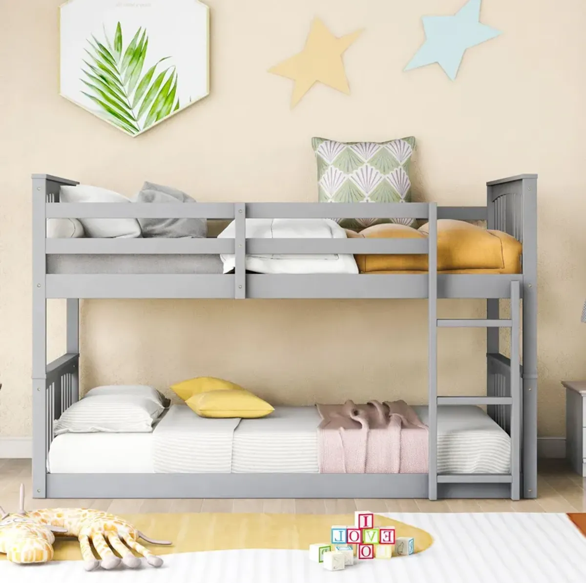 79.5" Twin Over Twin Bunk Bed With Ladder - Gray