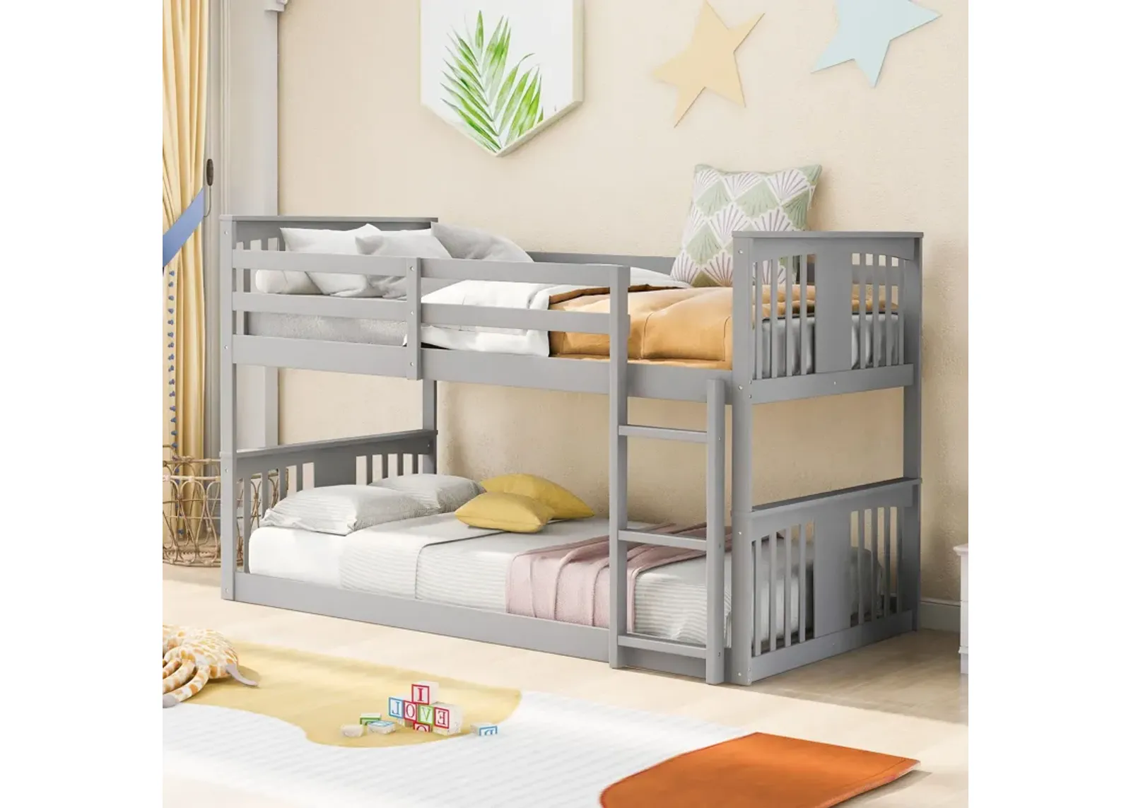 79.5" Twin Over Twin Bunk Bed With Ladder - Gray