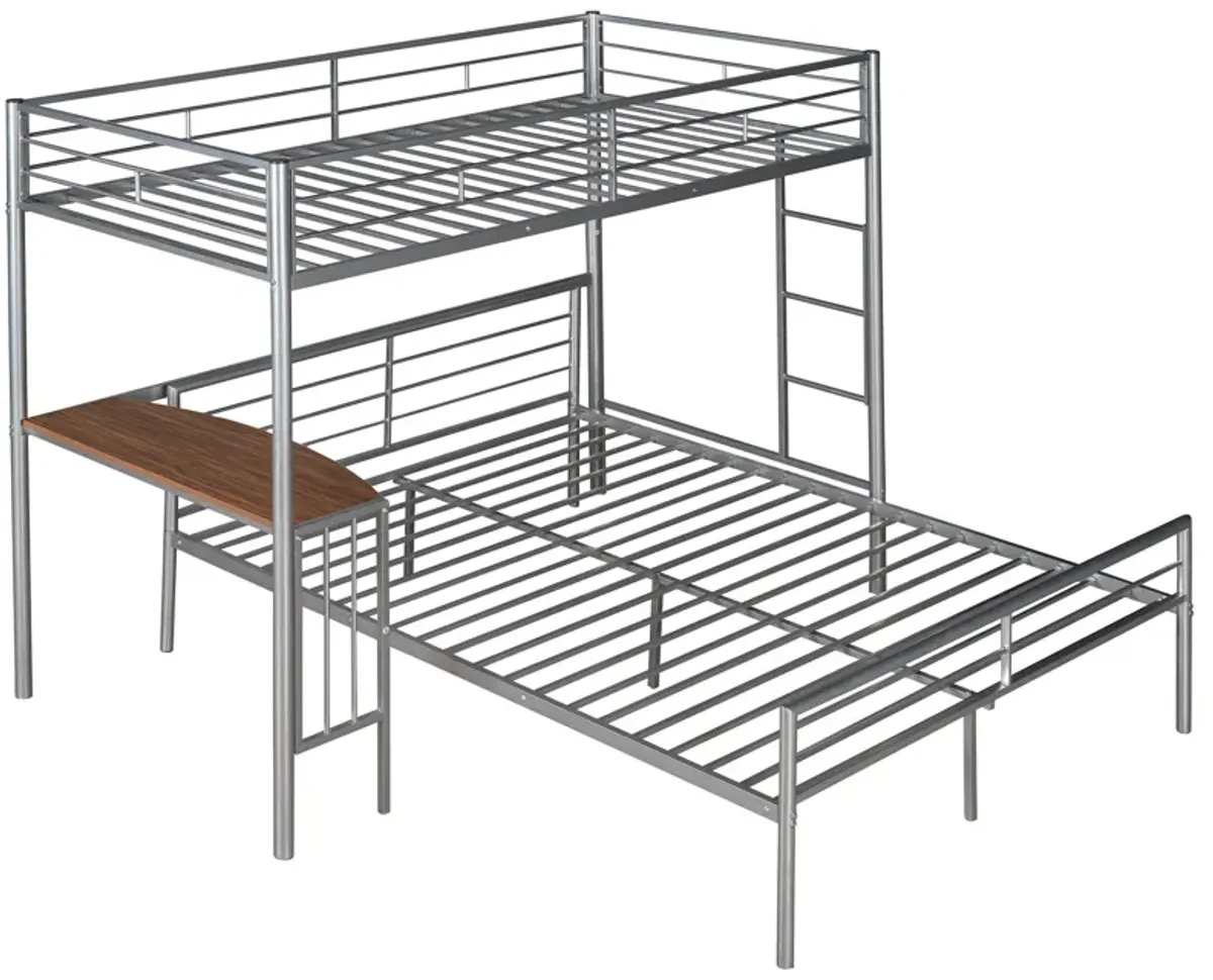 Twin Over Full Metal Bunk Bed With Desk, Ladder And Quality Slats For Bedroom - Silver