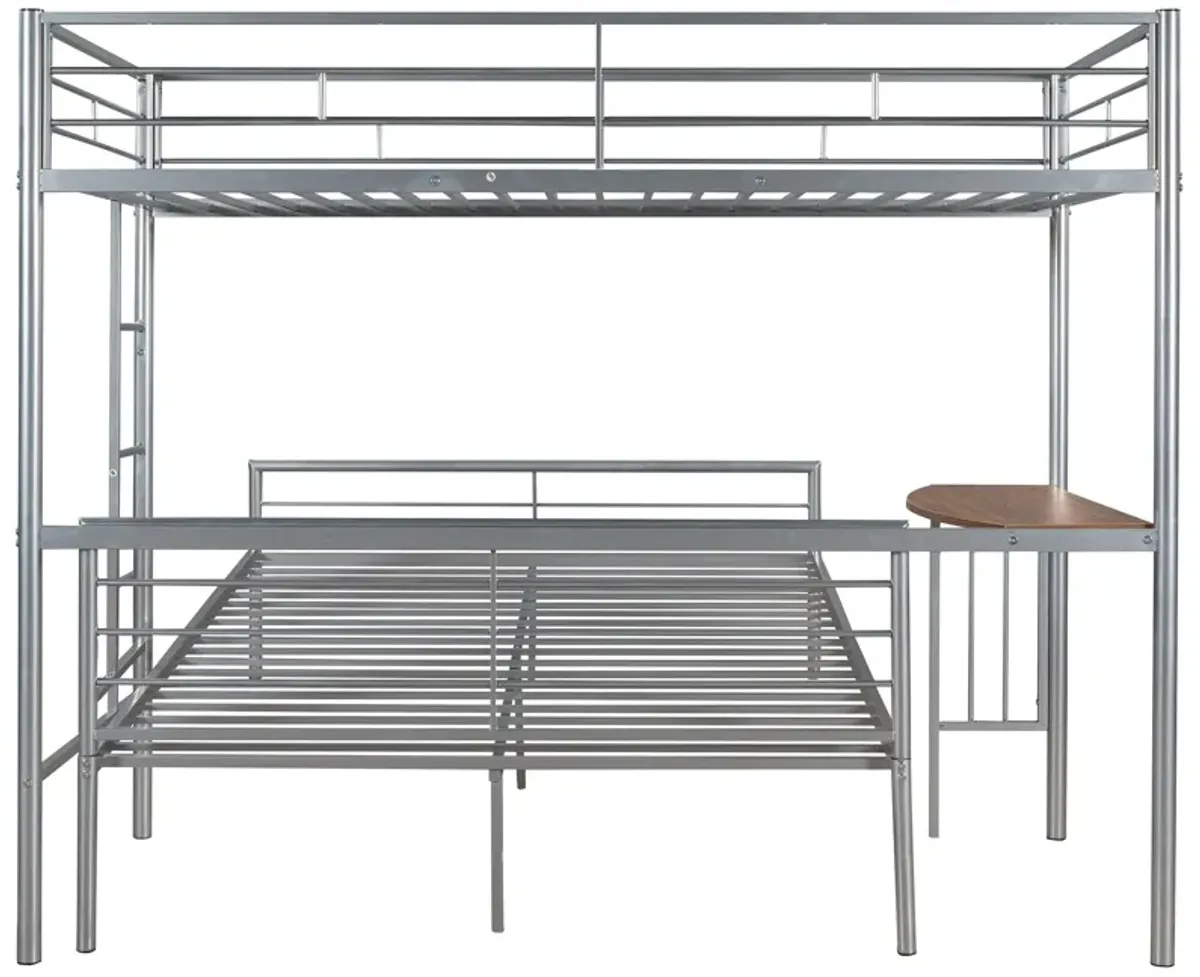 Twin Over Full Metal Bunk Bed With Desk, Ladder And Quality Slats For Bedroom - Silver