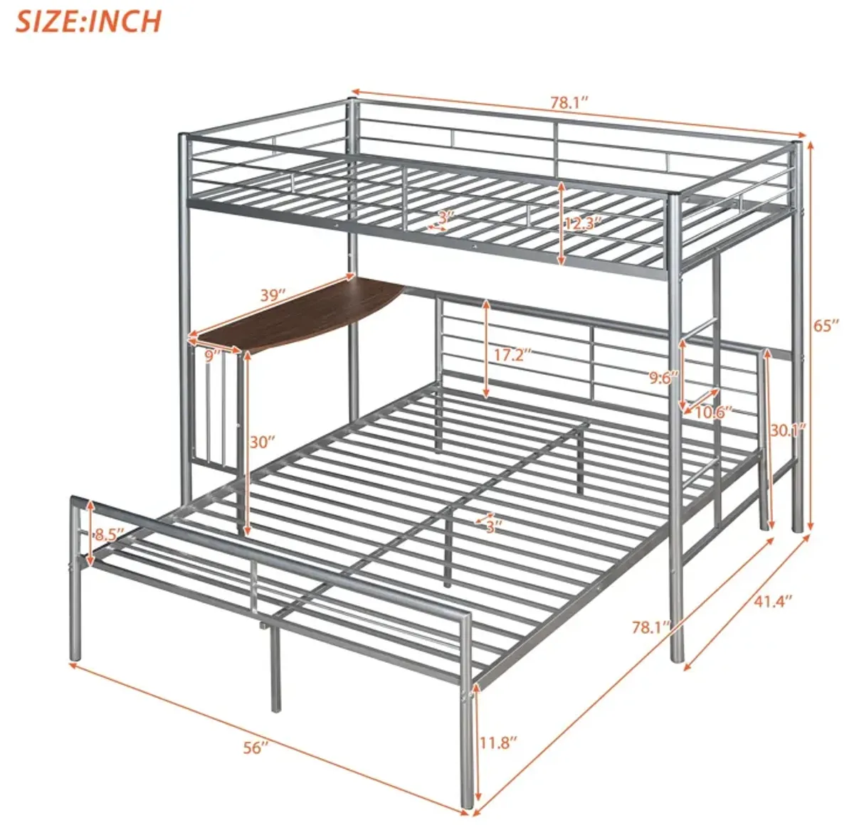 Twin Over Full Metal Bunk Bed With Desk, Ladder And Quality Slats For Bedroom - Silver