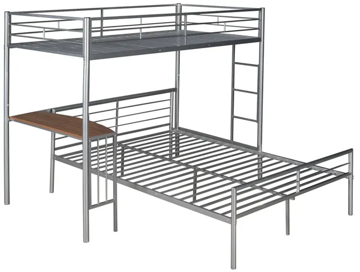 Twin Over Full Metal Bunk Bed With Desk, Ladder And Quality Slats For Bedroom - Silver