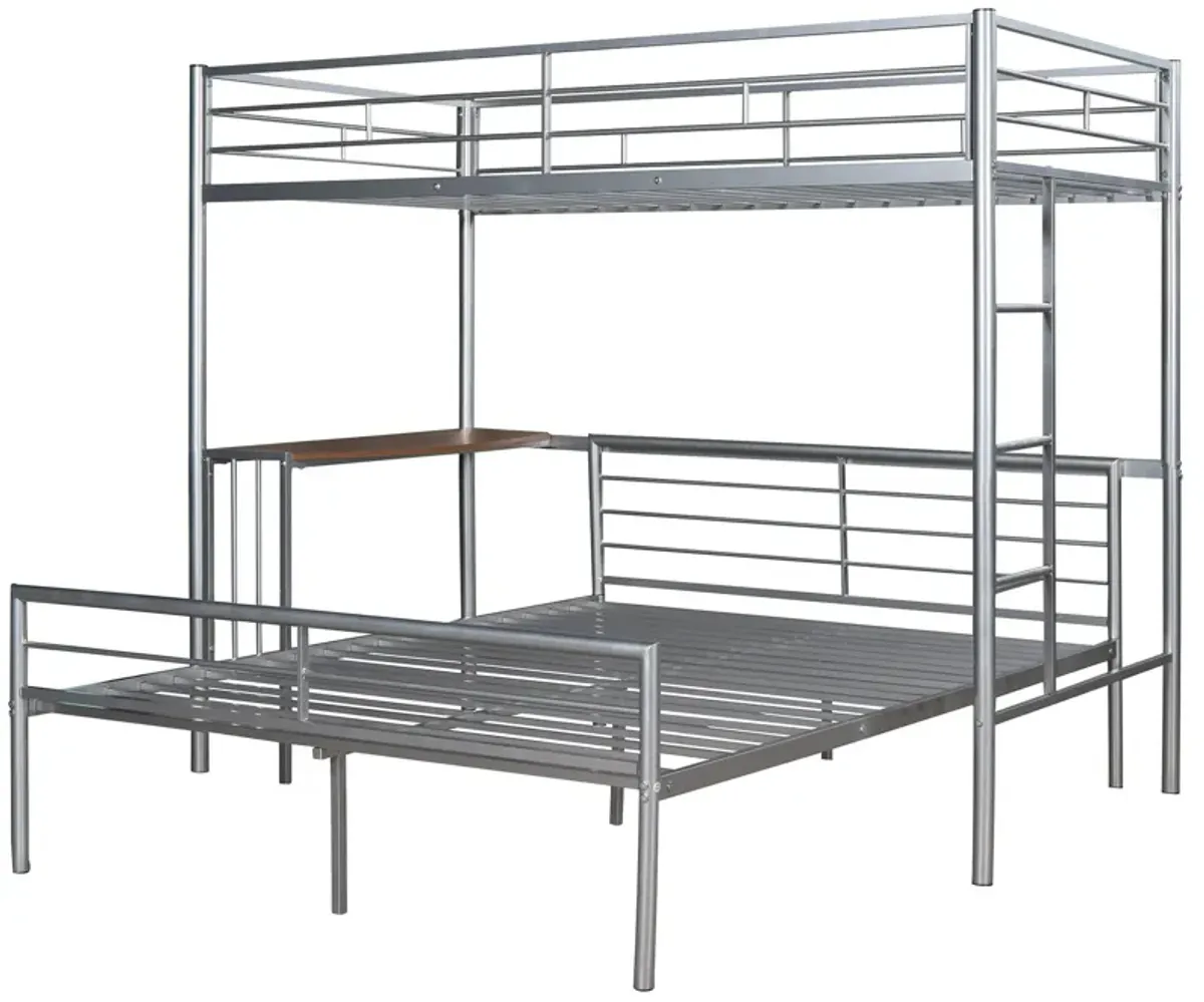 Twin Over Full Metal Bunk Bed With Desk, Ladder And Quality Slats For Bedroom - Silver