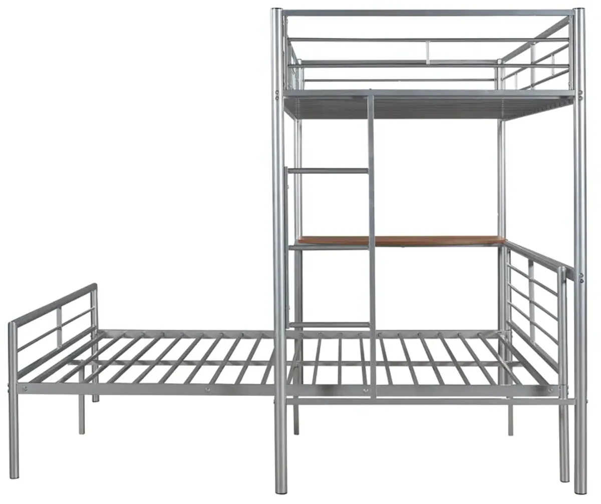 Twin Over Full Metal Bunk Bed With Desk, Ladder And Quality Slats For Bedroom - Silver