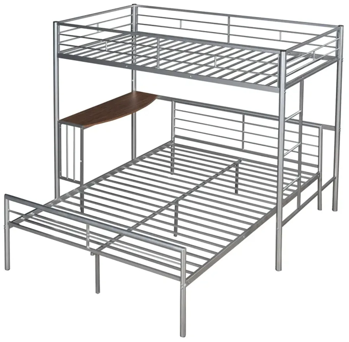 Twin Over Full Metal Bunk Bed With Desk, Ladder And Quality Slats For Bedroom - Silver