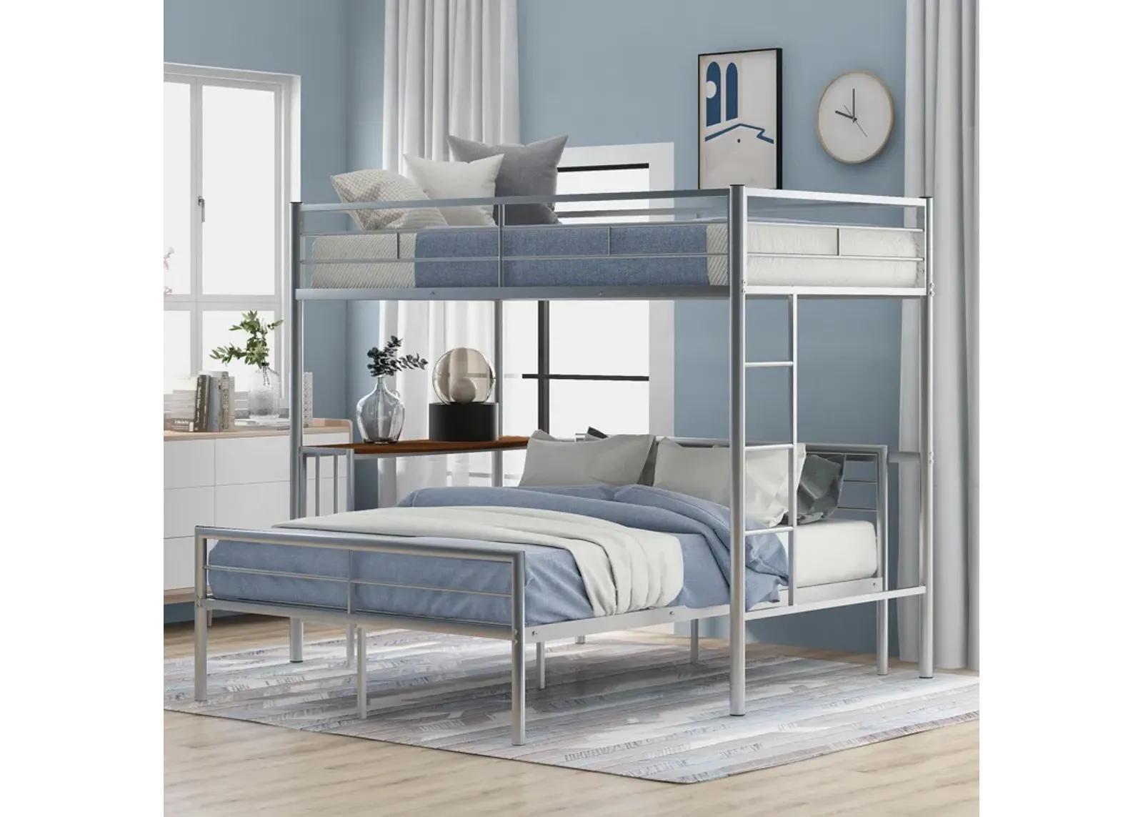 Twin Over Full Metal Bunk Bed With Desk, Ladder And Quality Slats For Bedroom - Silver