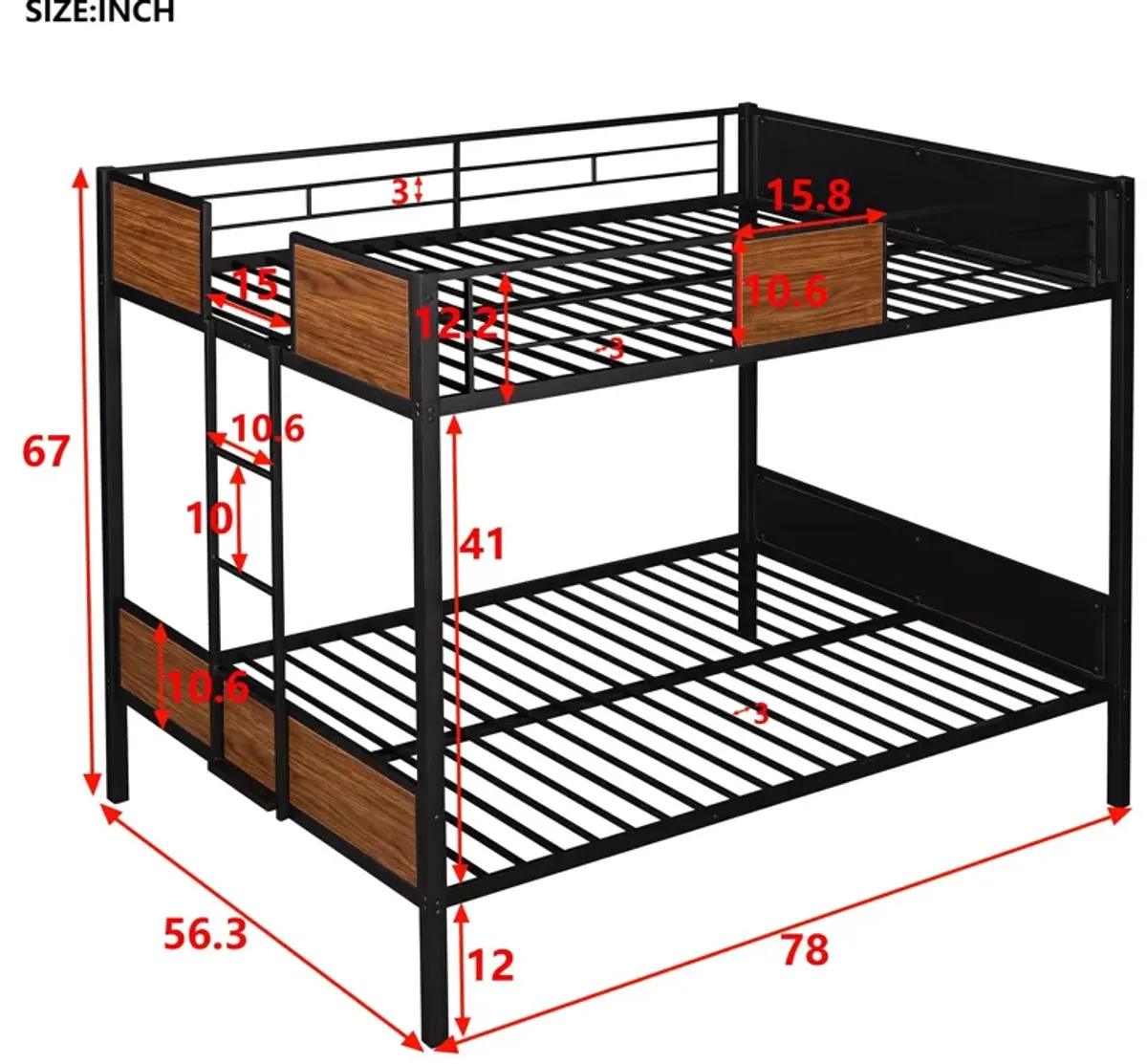 Full Over Full Bunk Bed Modern Style Steel Frame Bunk Bed With Safety Rail, Built-In Ladder For Bedroom, Dorm, Boys, Girls, Adults - Brown