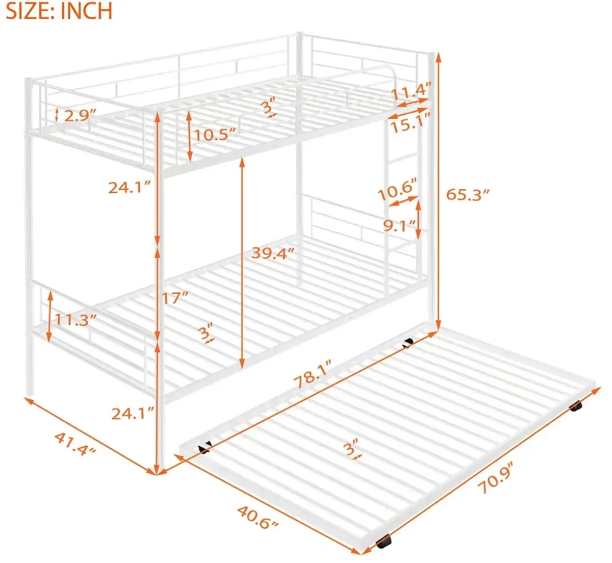 Twin Over Twin Metal Bunk Bed With Trundle, Can Be Divided Into Two Beds, No Box Spring Needed - White