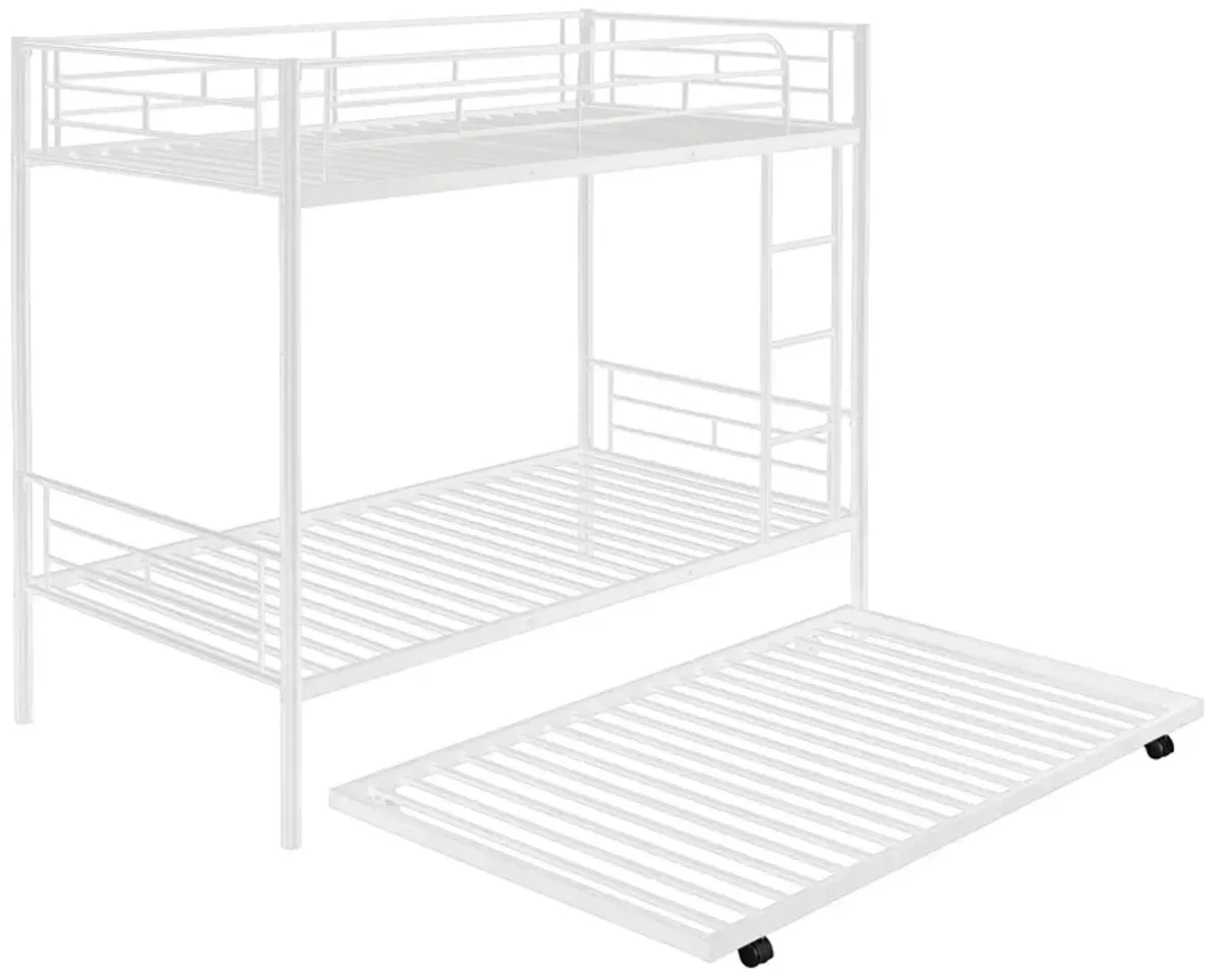 Twin Over Twin Metal Bunk Bed With Trundle, Can Be Divided Into Two Beds, No Box Spring Needed - White