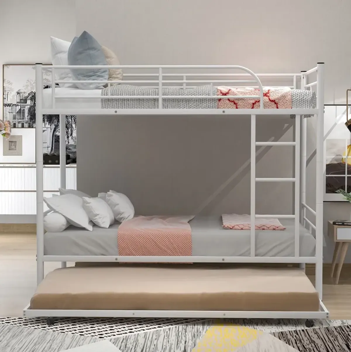 Twin Over Twin Metal Bunk Bed With Trundle, Can Be Divided Into Two Beds, No Box Spring Needed - White