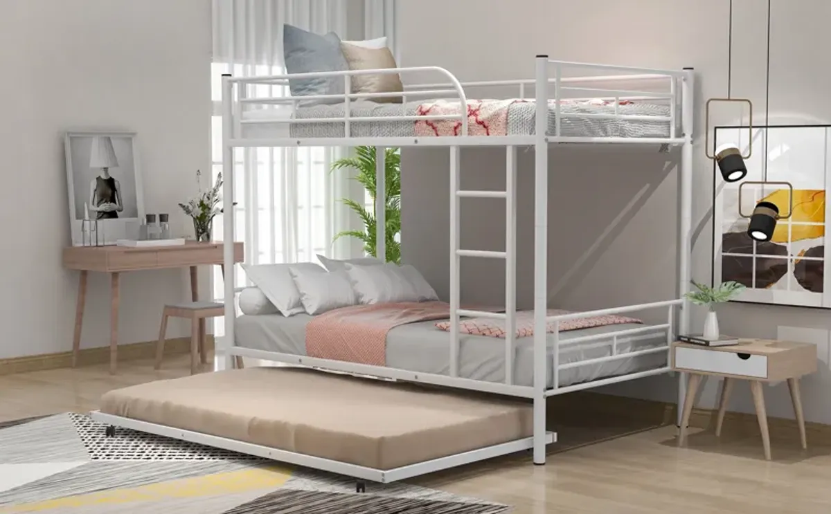 Twin Over Twin Metal Bunk Bed With Trundle, Can Be Divided Into Two Beds, No Box Spring Needed - White