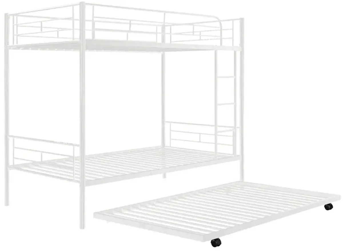 Twin Over Twin Metal Bunk Bed With Trundle, Can Be Divided Into Two Beds, No Box Spring Needed - White