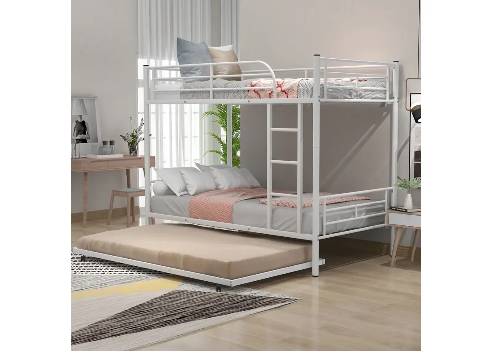 Twin Over Twin Metal Bunk Bed With Trundle, Can Be Divided Into Two Beds, No Box Spring Needed - White