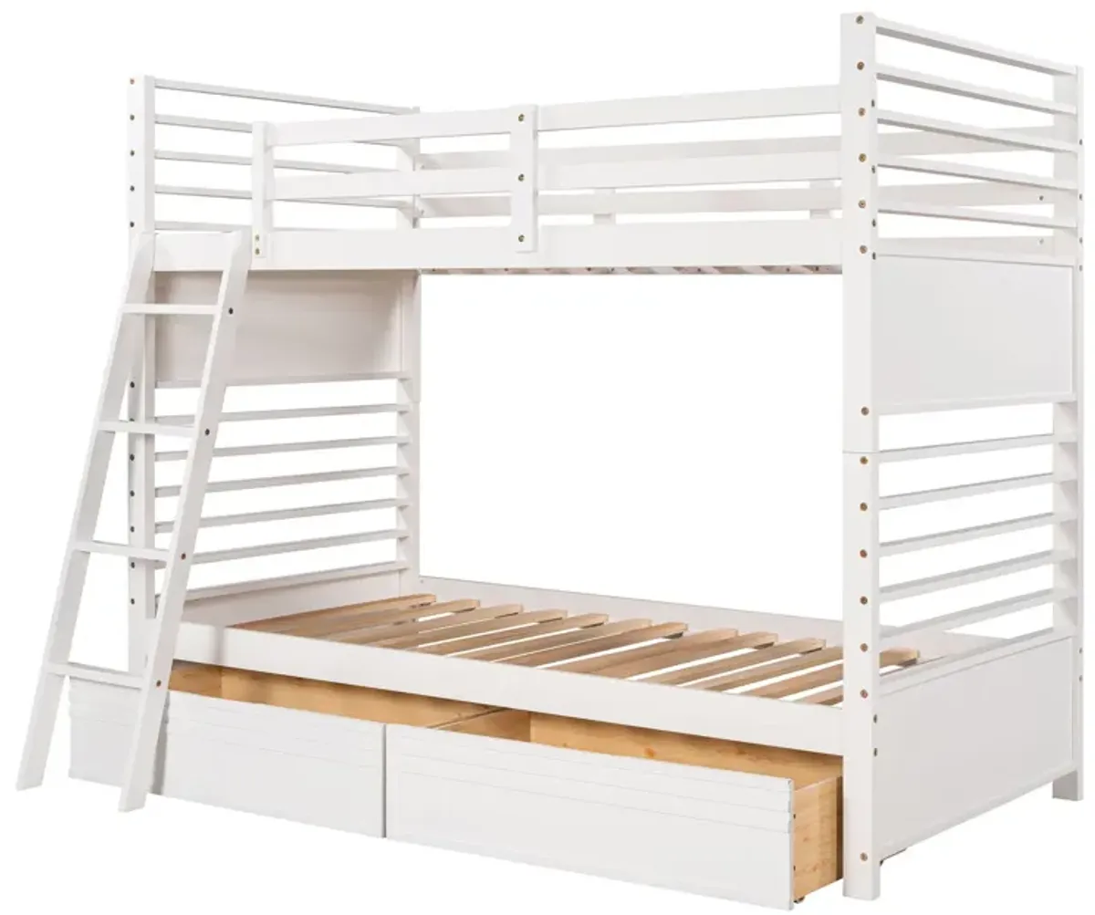 Twin Over Twin Wood Bunk Bed With Two Drawers - White