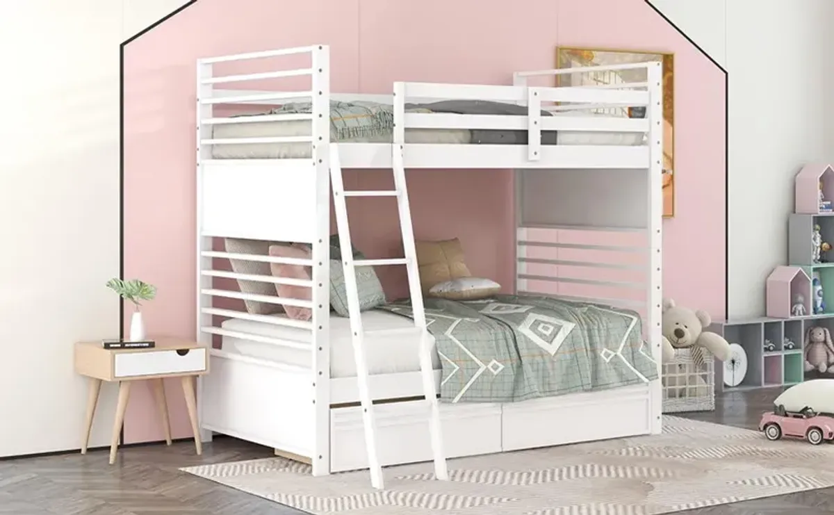 Twin Over Twin Wood Bunk Bed With Two Drawers - White