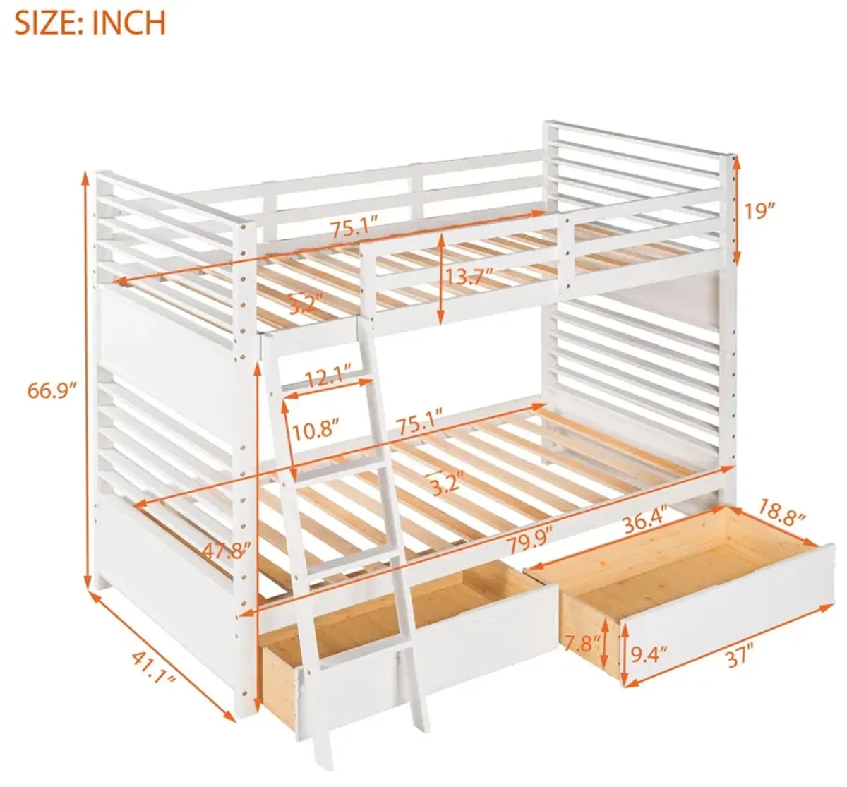 Twin Over Twin Wood Bunk Bed With Two Drawers - White