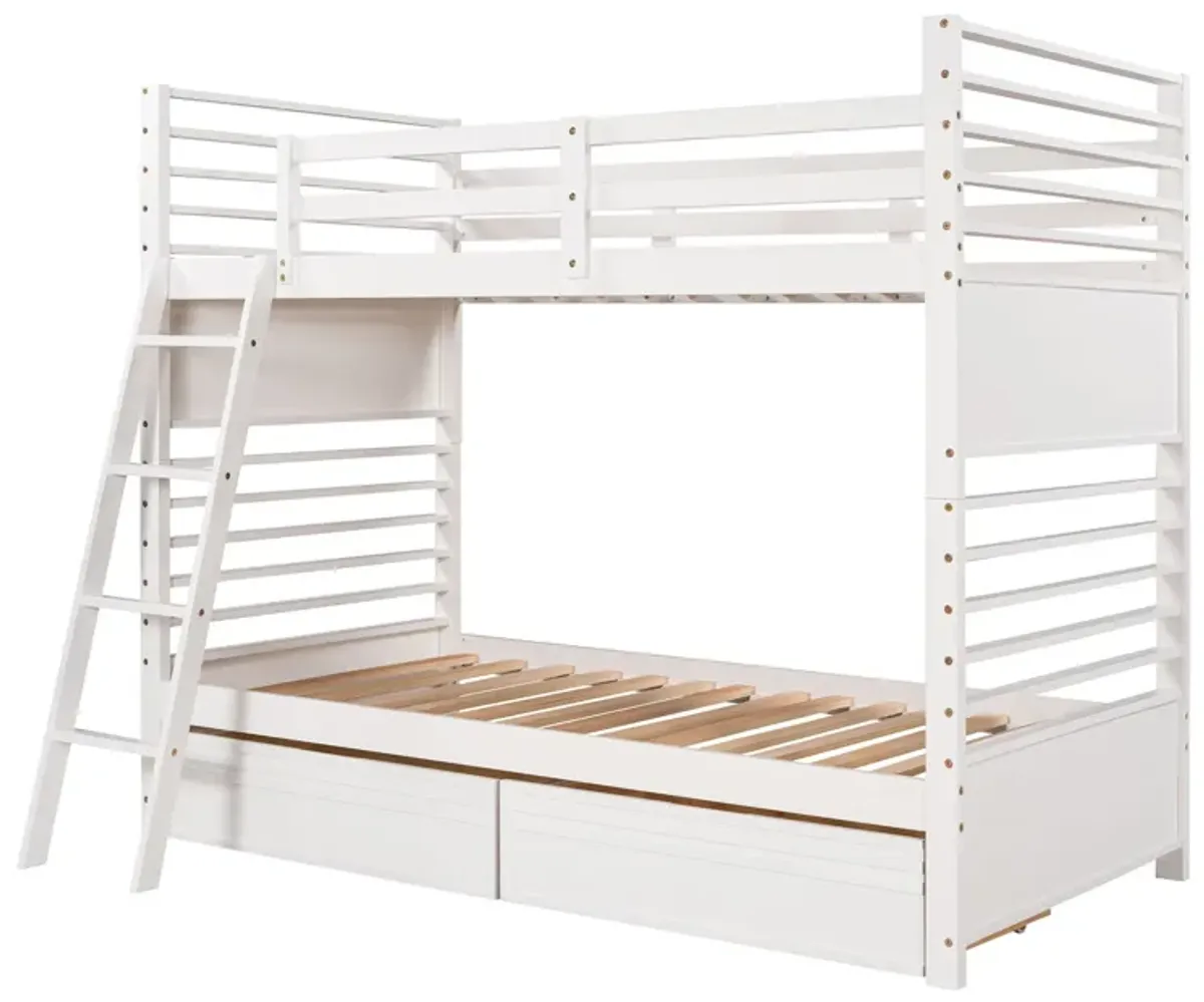 Twin Over Twin Wood Bunk Bed With Two Drawers - White