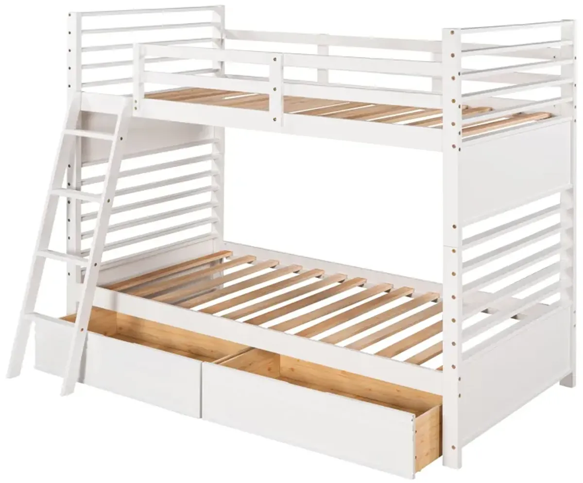 Twin Over Twin Wood Bunk Bed With Two Drawers - White