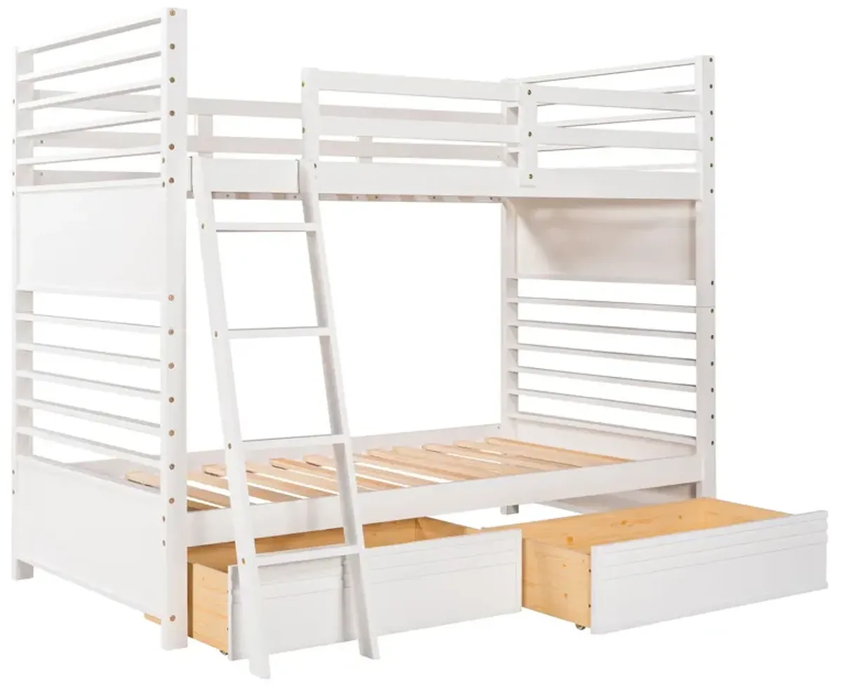 Twin Over Twin Wood Bunk Bed With Two Drawers - White