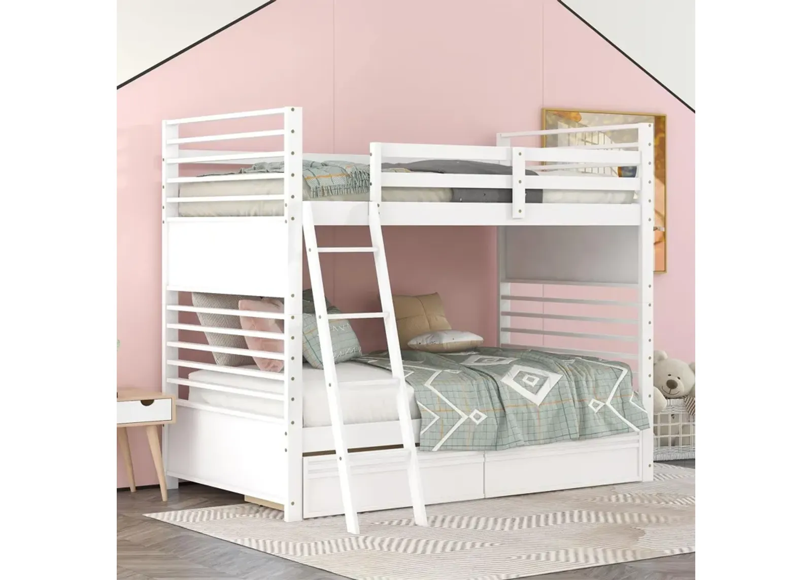 Twin Over Twin Wood Bunk Bed With Two Drawers - White