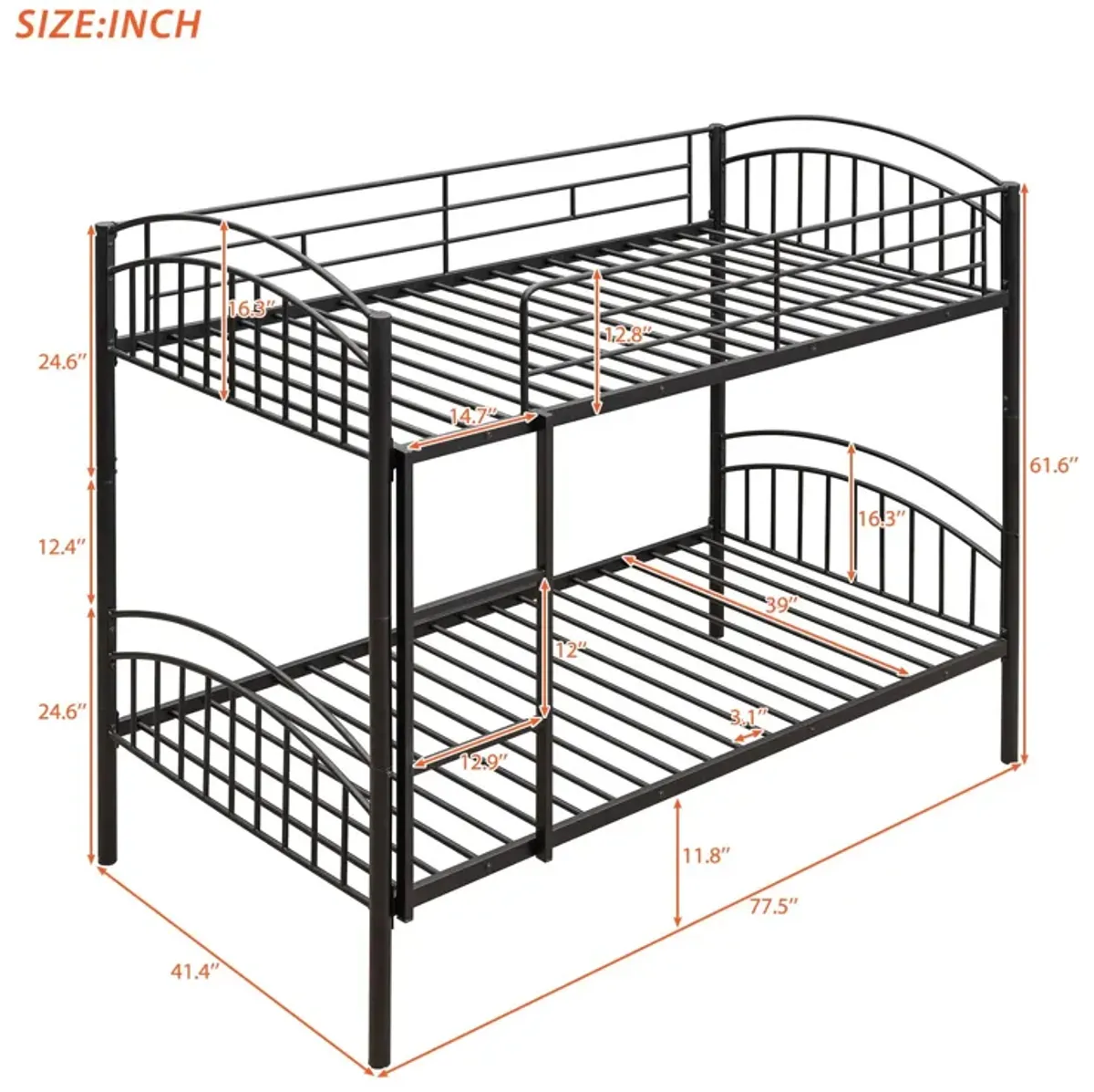 Twin Over Twin Metal Bunk Bed, Divided Into Two Beds - Black