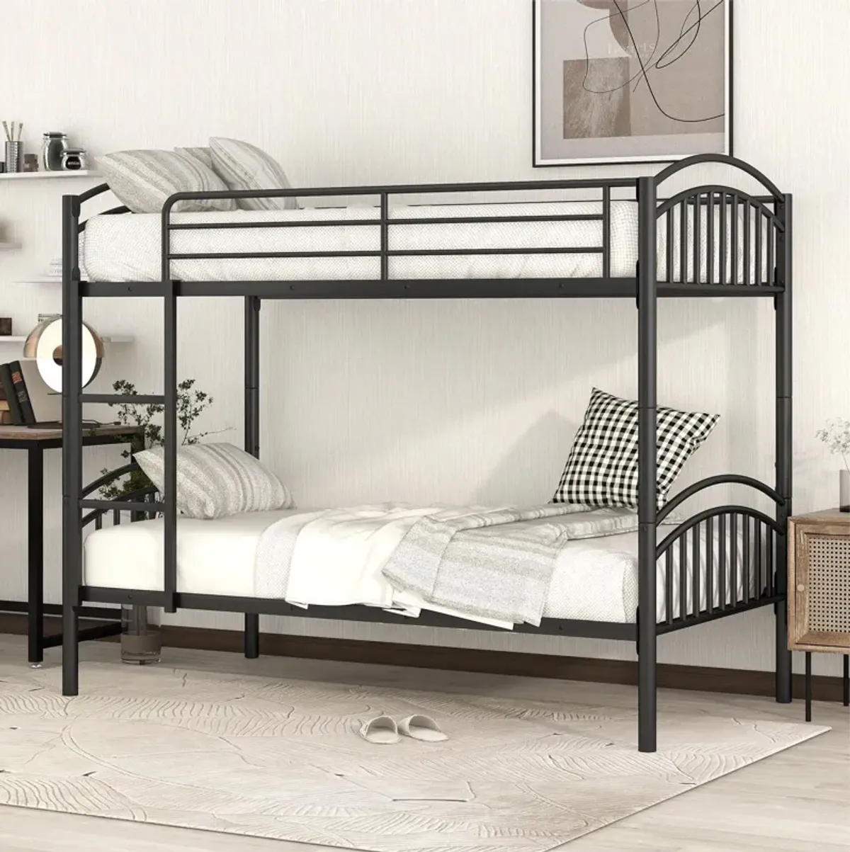 Twin Over Twin Metal Bunk Bed, Divided Into Two Beds - Black