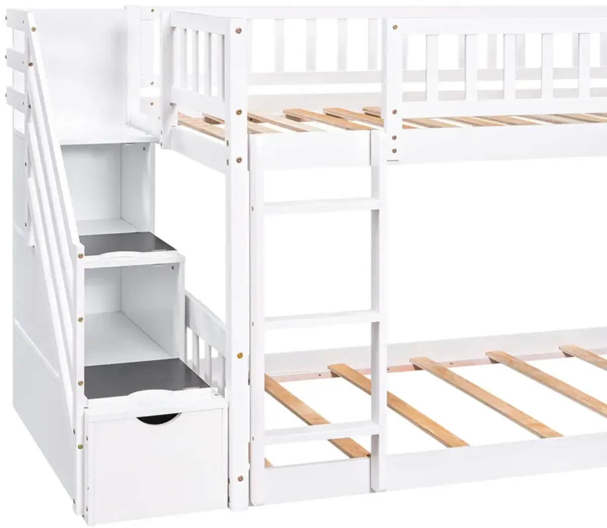 Stairway Twin Over Twin Bunk Bed With Two Drawers And Slide - White