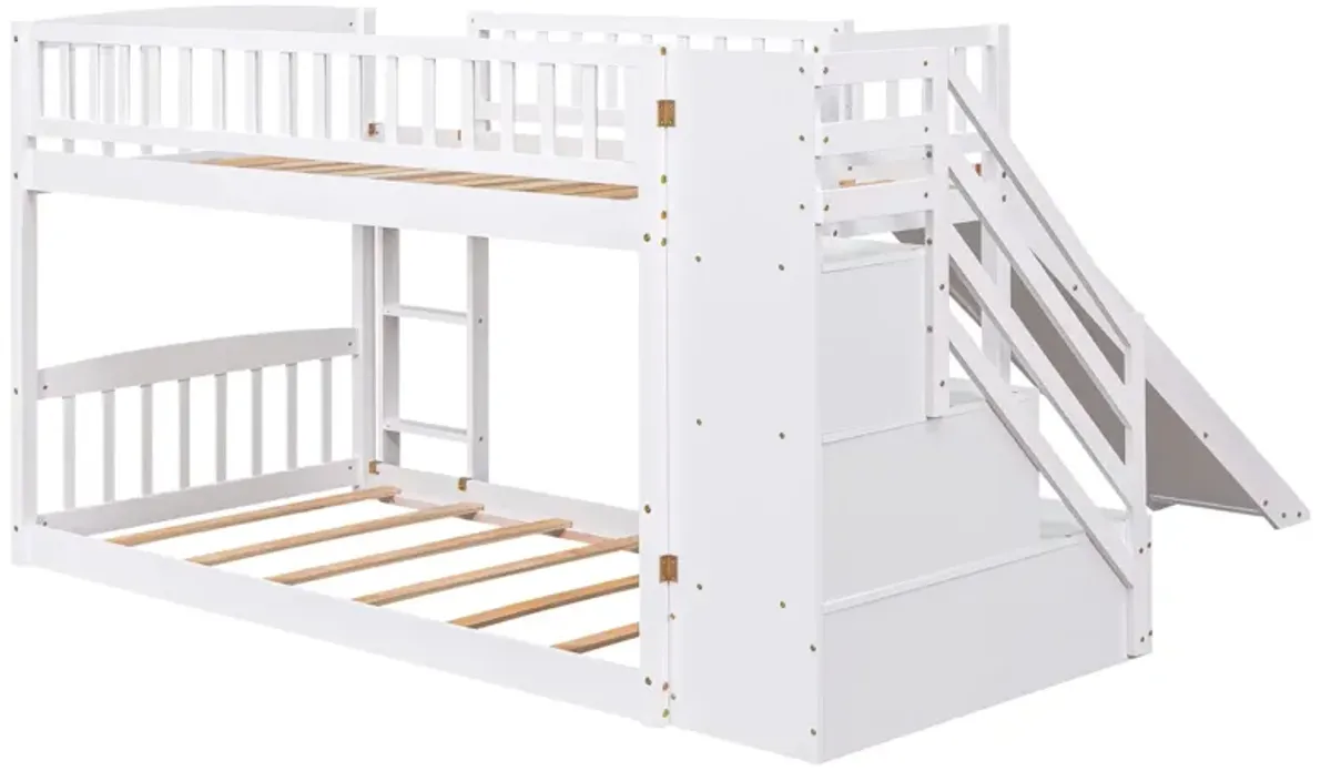 Stairway Twin Over Twin Bunk Bed With Two Drawers And Slide - White