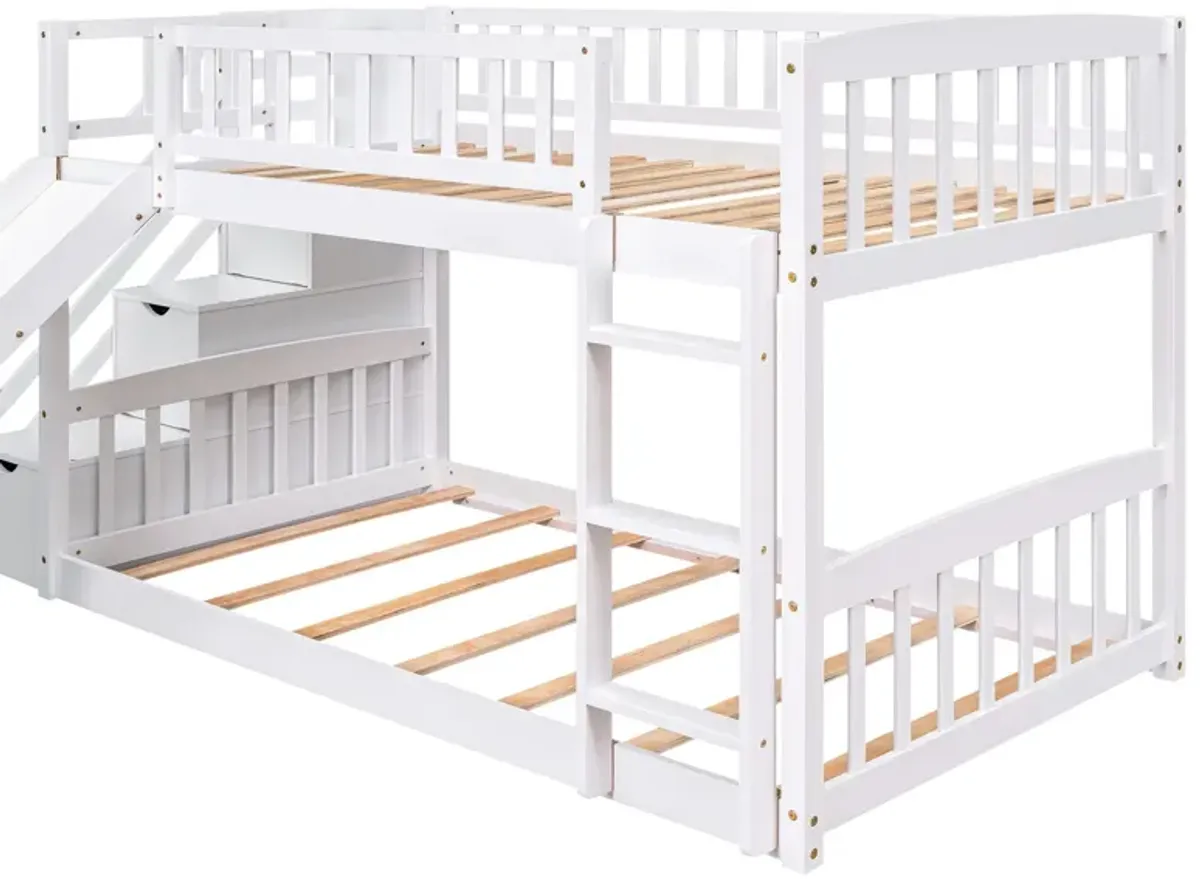 Stairway Twin Over Twin Bunk Bed With Two Drawers And Slide - White