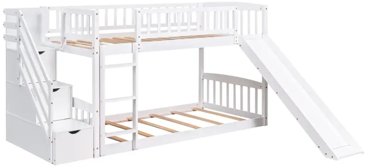 Stairway Twin Over Twin Bunk Bed With Two Drawers And Slide - White