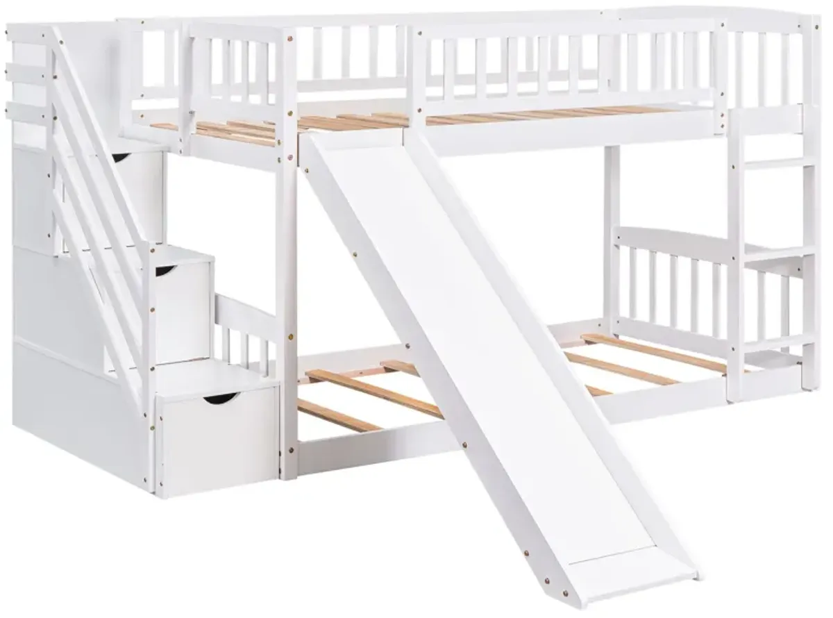 Stairway Twin Over Twin Bunk Bed With Two Drawers And Slide - White