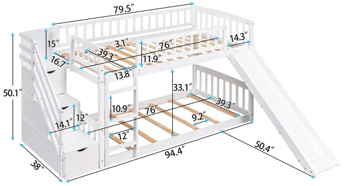 Stairway Twin Over Twin Bunk Bed With Two Drawers And Slide - White