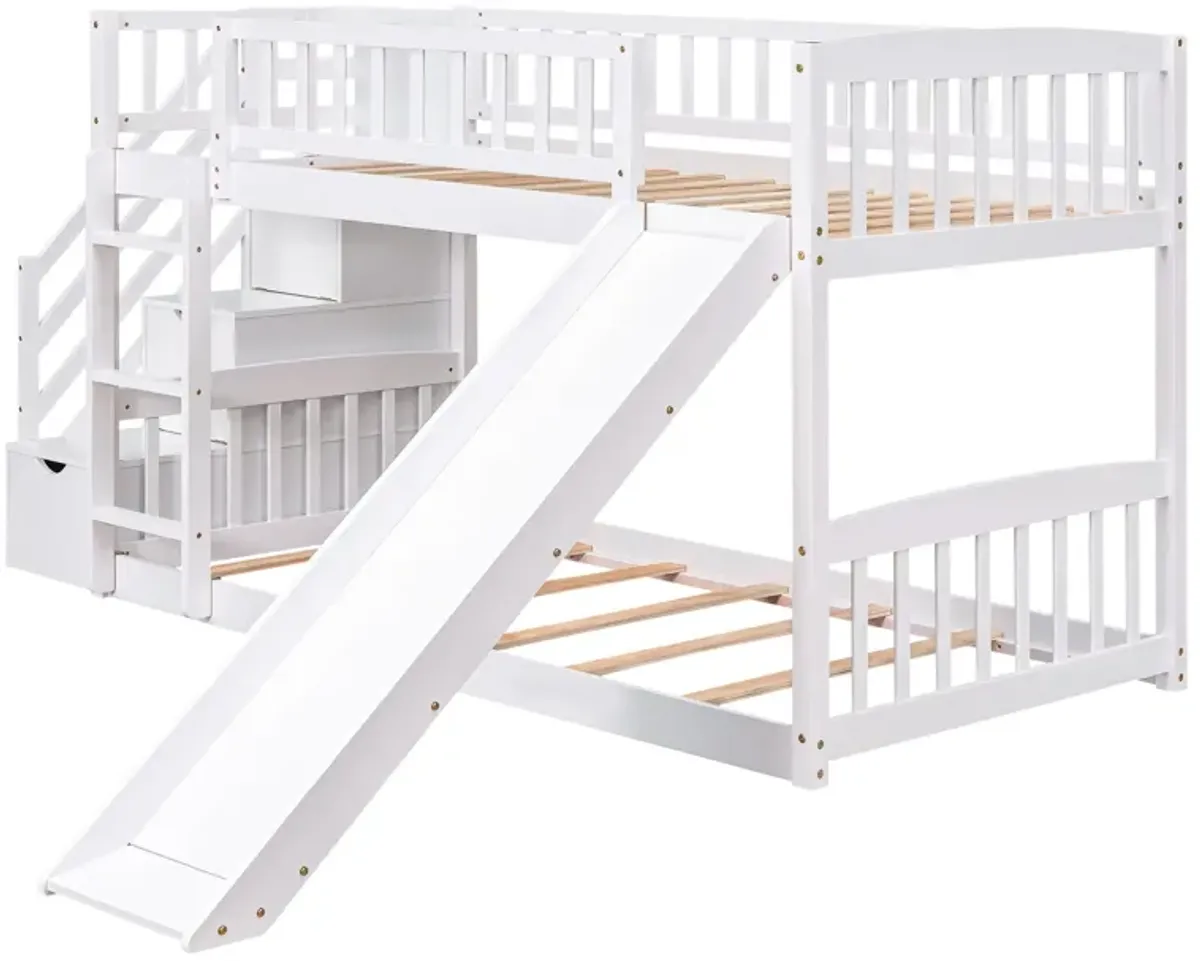 Stairway Twin Over Twin Bunk Bed With Two Drawers And Slide - White