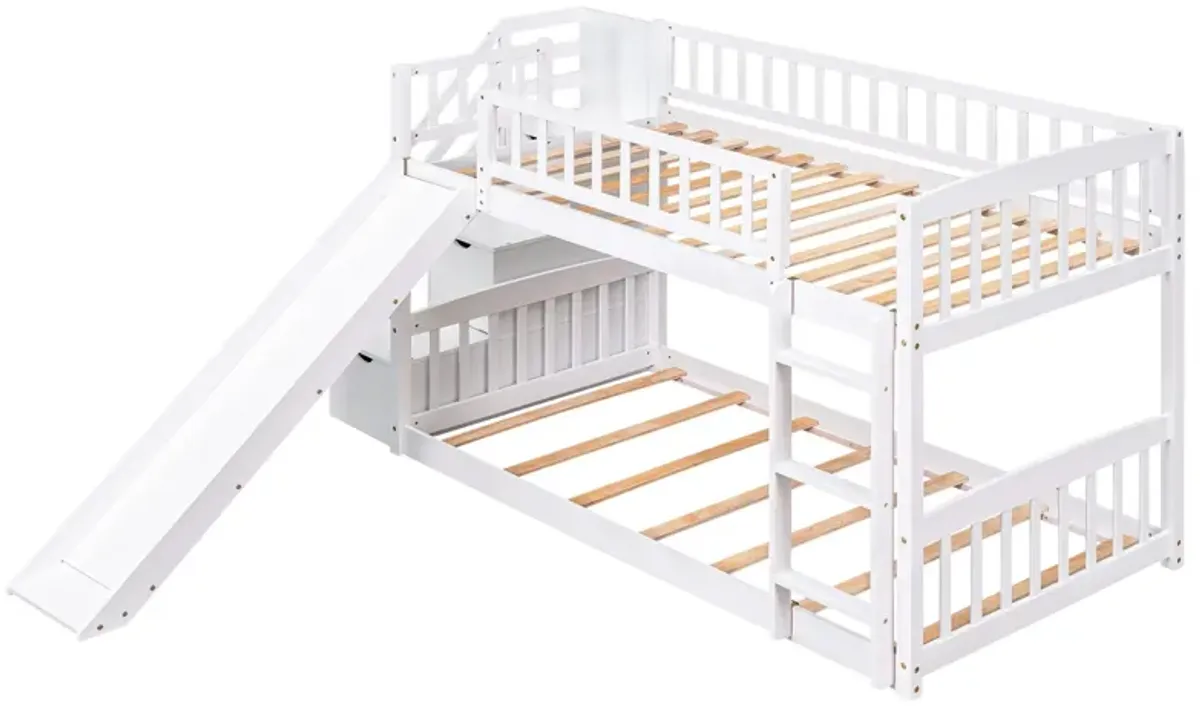 Stairway Twin Over Twin Bunk Bed With Two Drawers And Slide - White