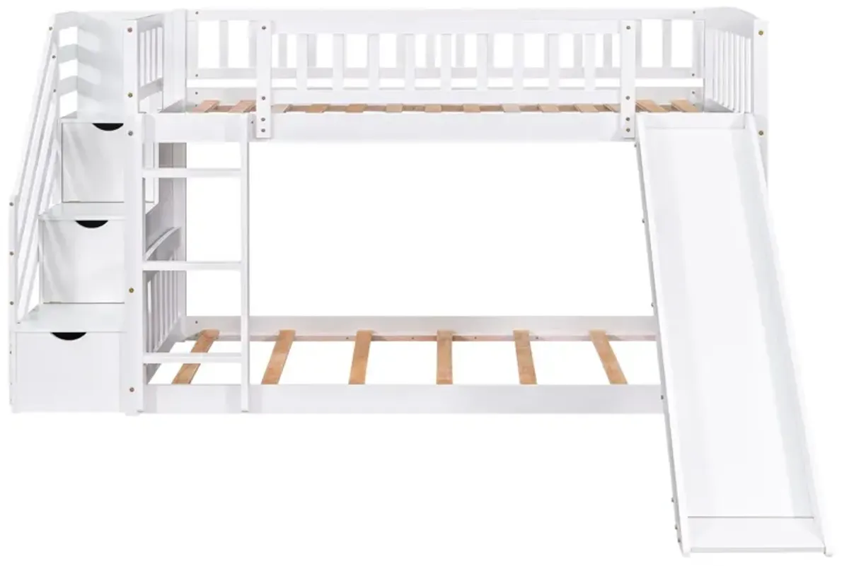 Stairway Twin Over Twin Bunk Bed With Two Drawers And Slide - White