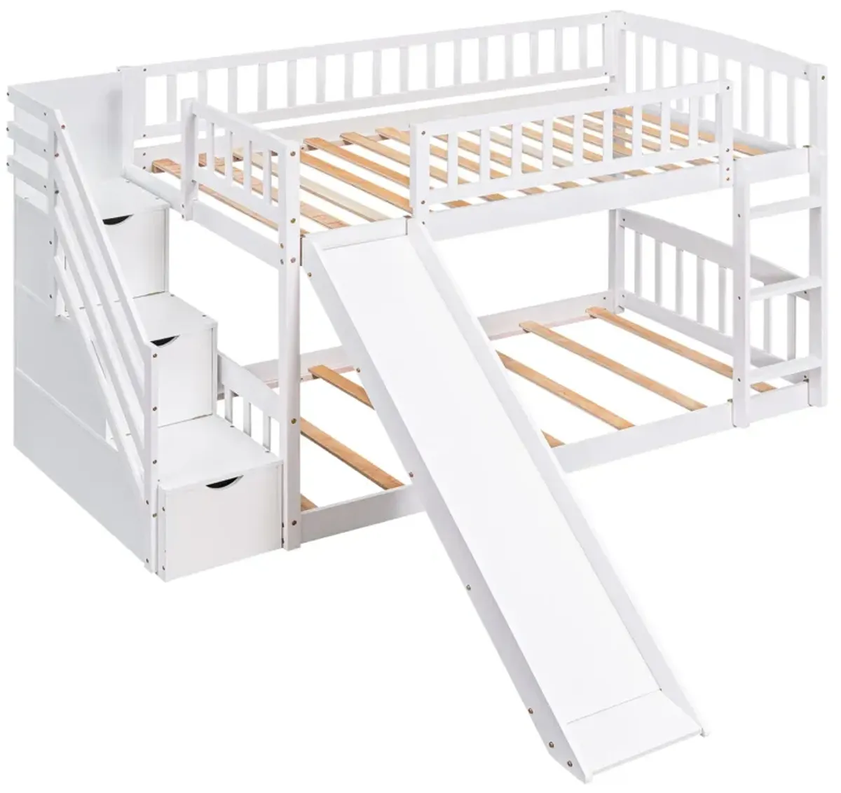 Stairway Twin Over Twin Bunk Bed With Two Drawers And Slide - White