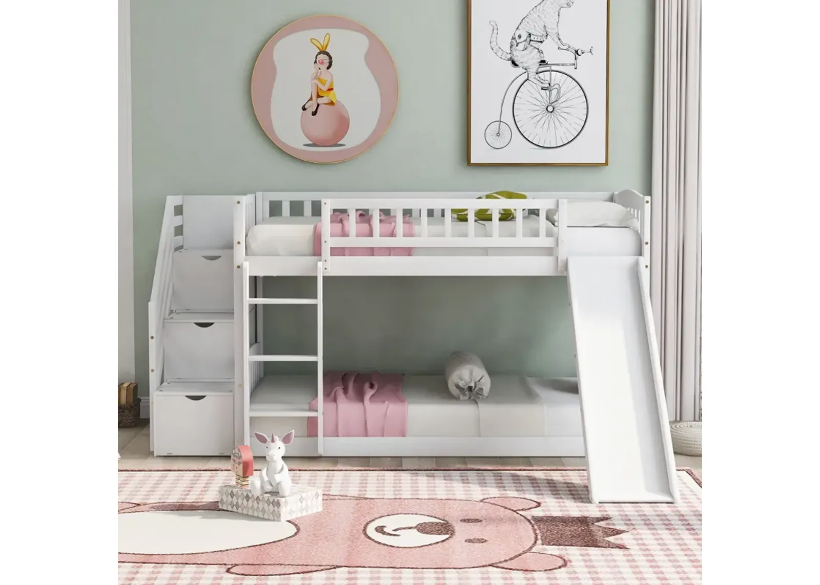 Stairway Twin Over Twin Bunk Bed With Two Drawers And Slide - White