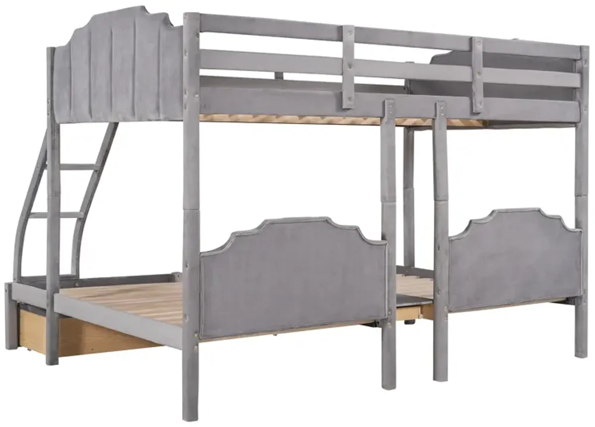 Full Over Twin & Twin Bunk Bed, Velvet Triple Bunk Bed With Drawers And Guardrails - Gray