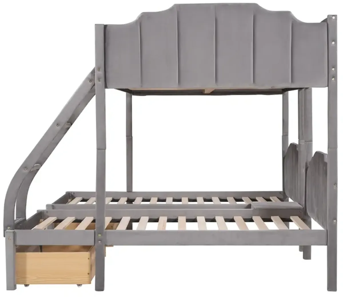 Full Over Twin & Twin Bunk Bed, Velvet Triple Bunk Bed With Drawers And Guardrails - Gray