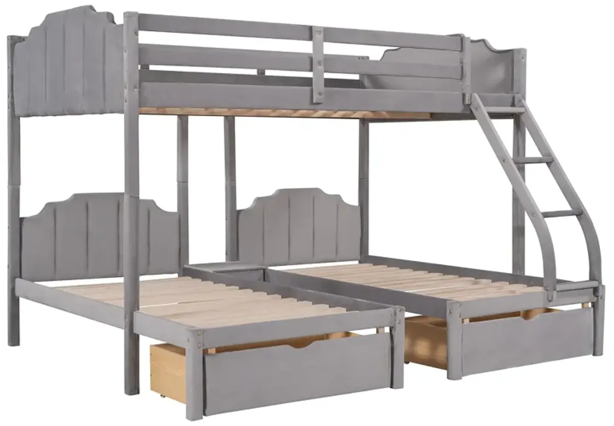 Full Over Twin & Twin Bunk Bed, Velvet Triple Bunk Bed With Drawers And Guardrails - Gray