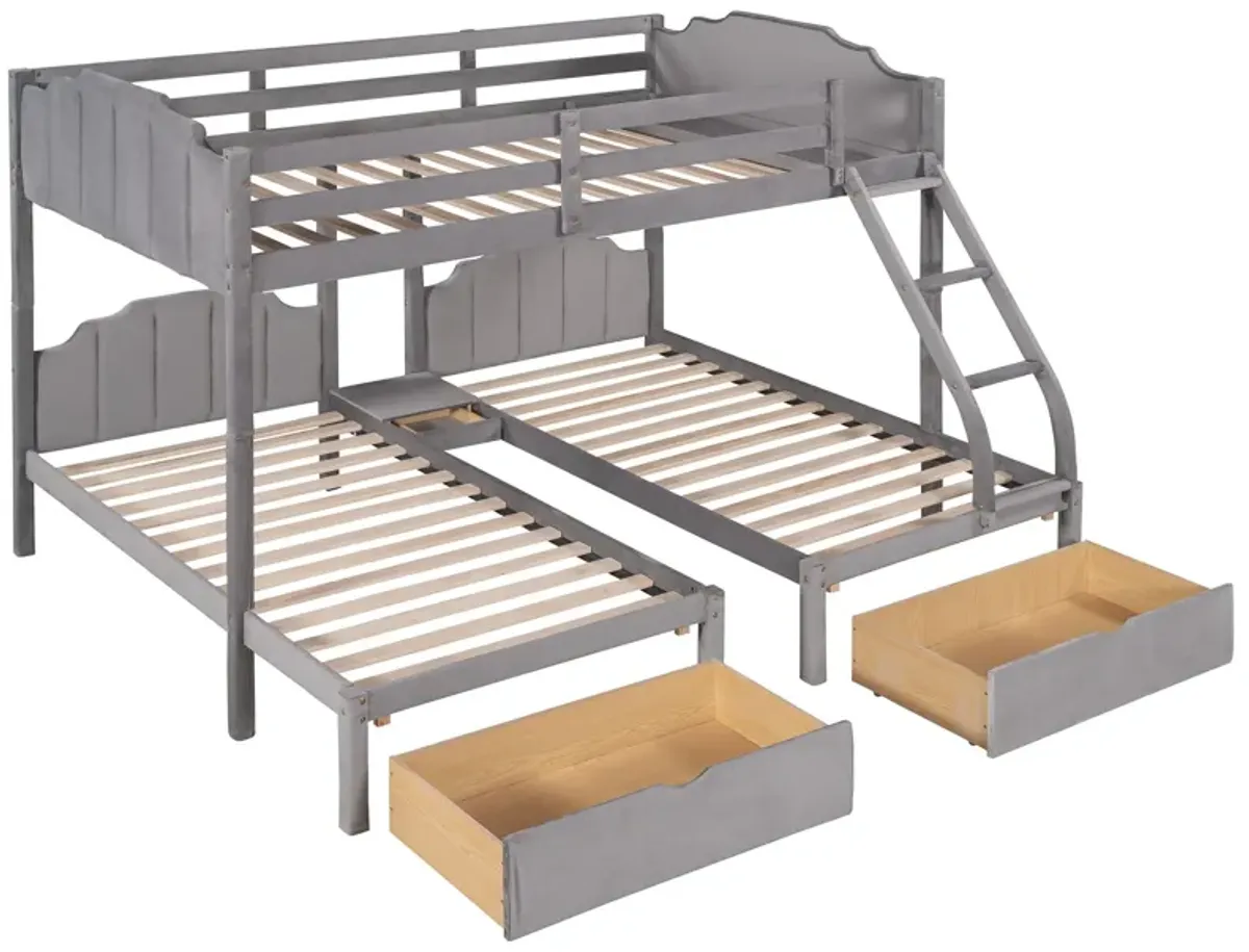 Full Over Twin & Twin Bunk Bed, Velvet Triple Bunk Bed With Drawers And Guardrails - Gray