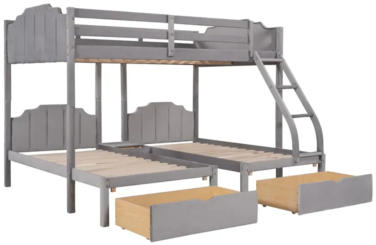 Full Over Twin & Twin Bunk Bed, Velvet Triple Bunk Bed With Drawers And Guardrails - Gray