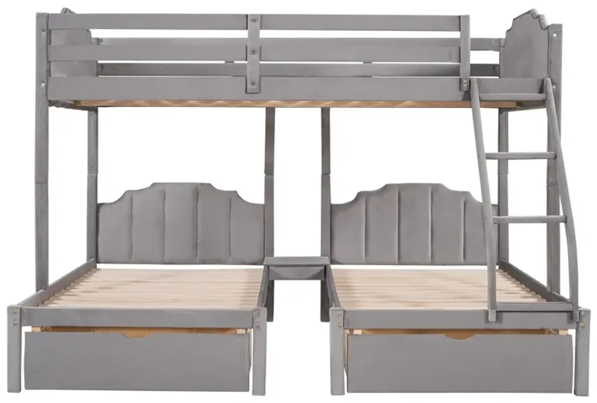 Full Over Twin & Twin Bunk Bed, Velvet Triple Bunk Bed With Drawers And Guardrails - Gray