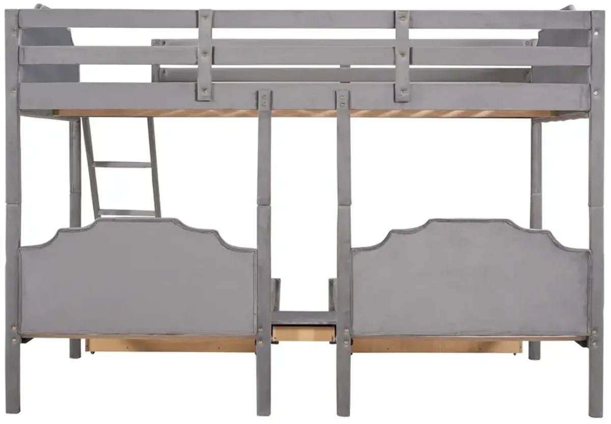 Full Over Twin & Twin Bunk Bed, Velvet Triple Bunk Bed With Drawers And Guardrails - Gray