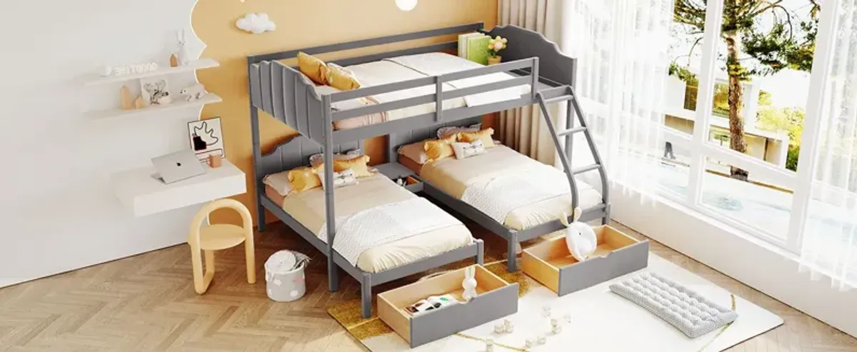 Full Over Twin & Twin Bunk Bed, Velvet Triple Bunk Bed With Drawers And Guardrails - Gray