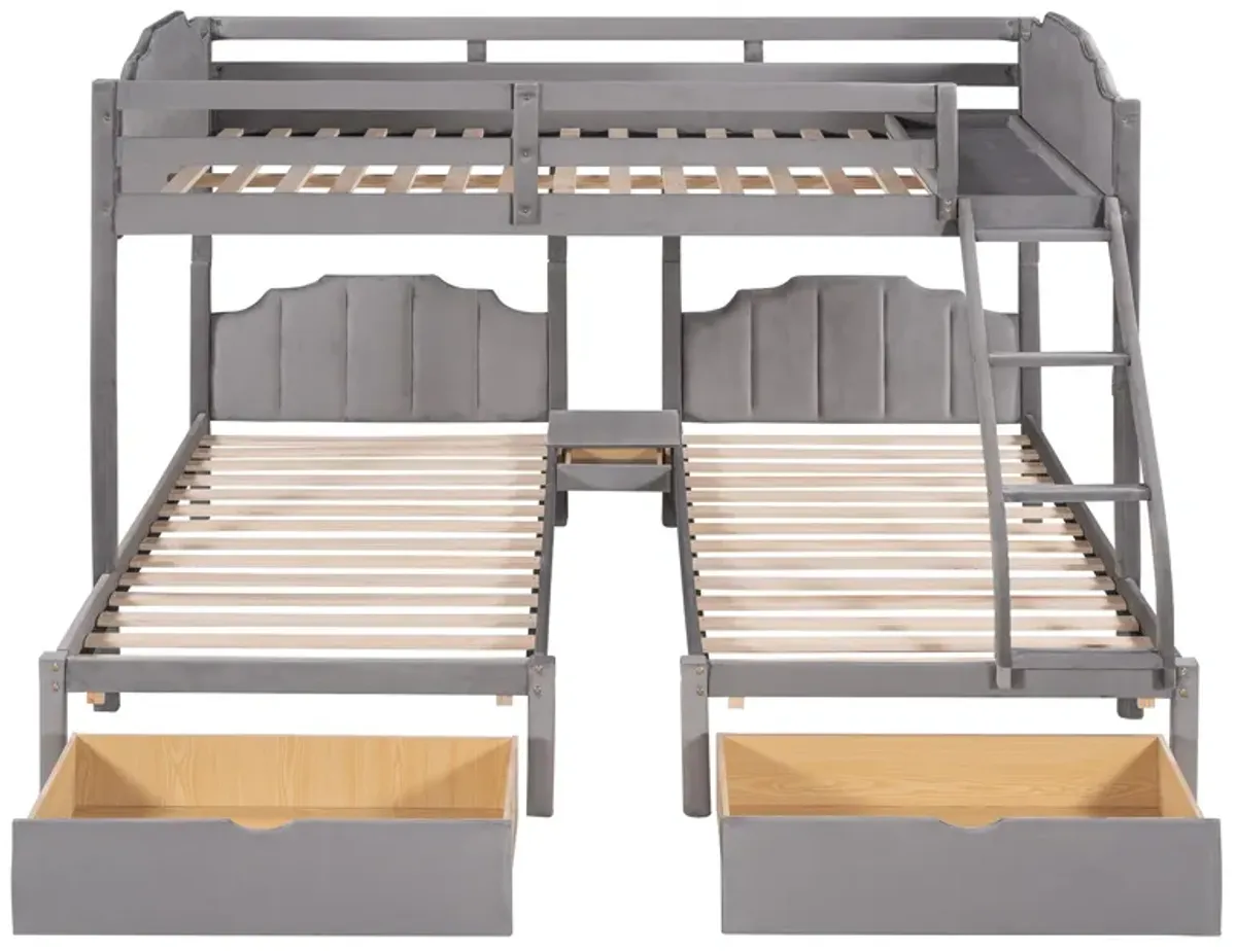 Full Over Twin & Twin Bunk Bed, Velvet Triple Bunk Bed With Drawers And Guardrails - Gray