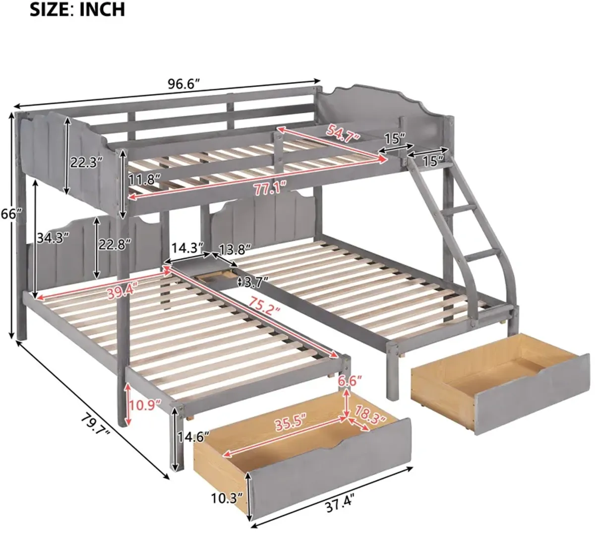 Full Over Twin & Twin Bunk Bed, Velvet Triple Bunk Bed With Drawers And Guardrails - Gray