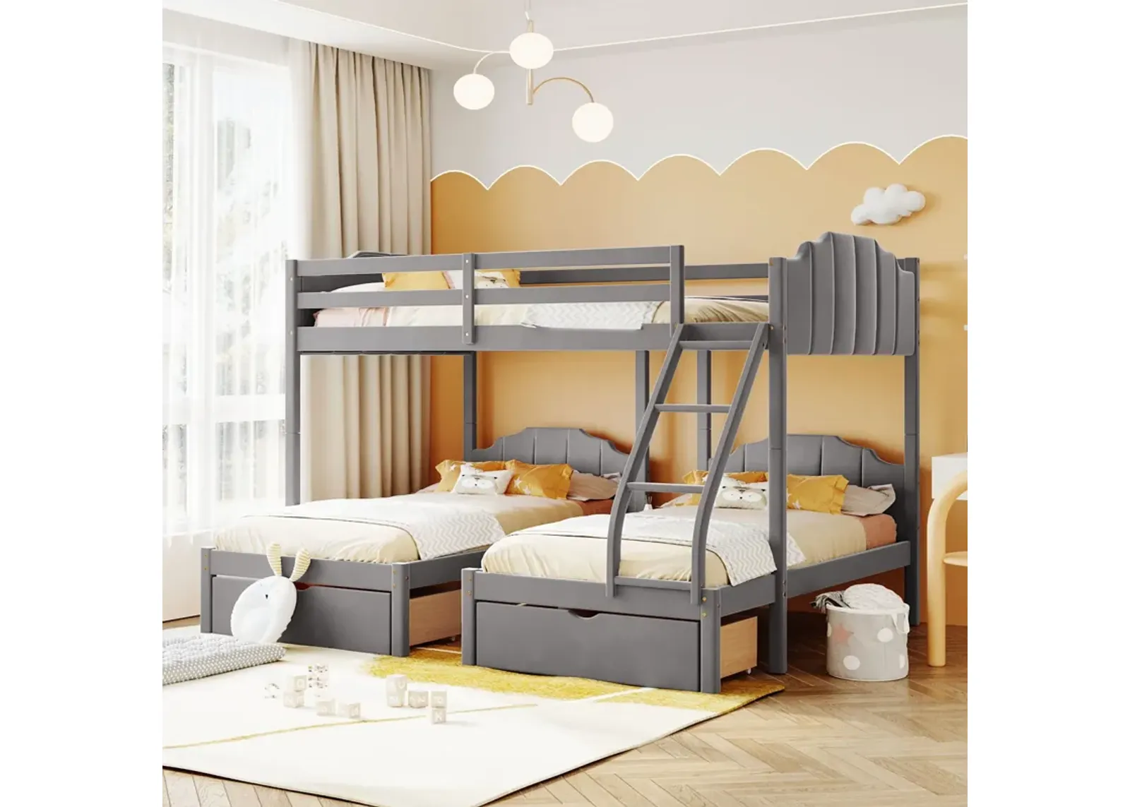 Full Over Twin & Twin Bunk Bed, Velvet Triple Bunk Bed With Drawers And Guardrails - Gray