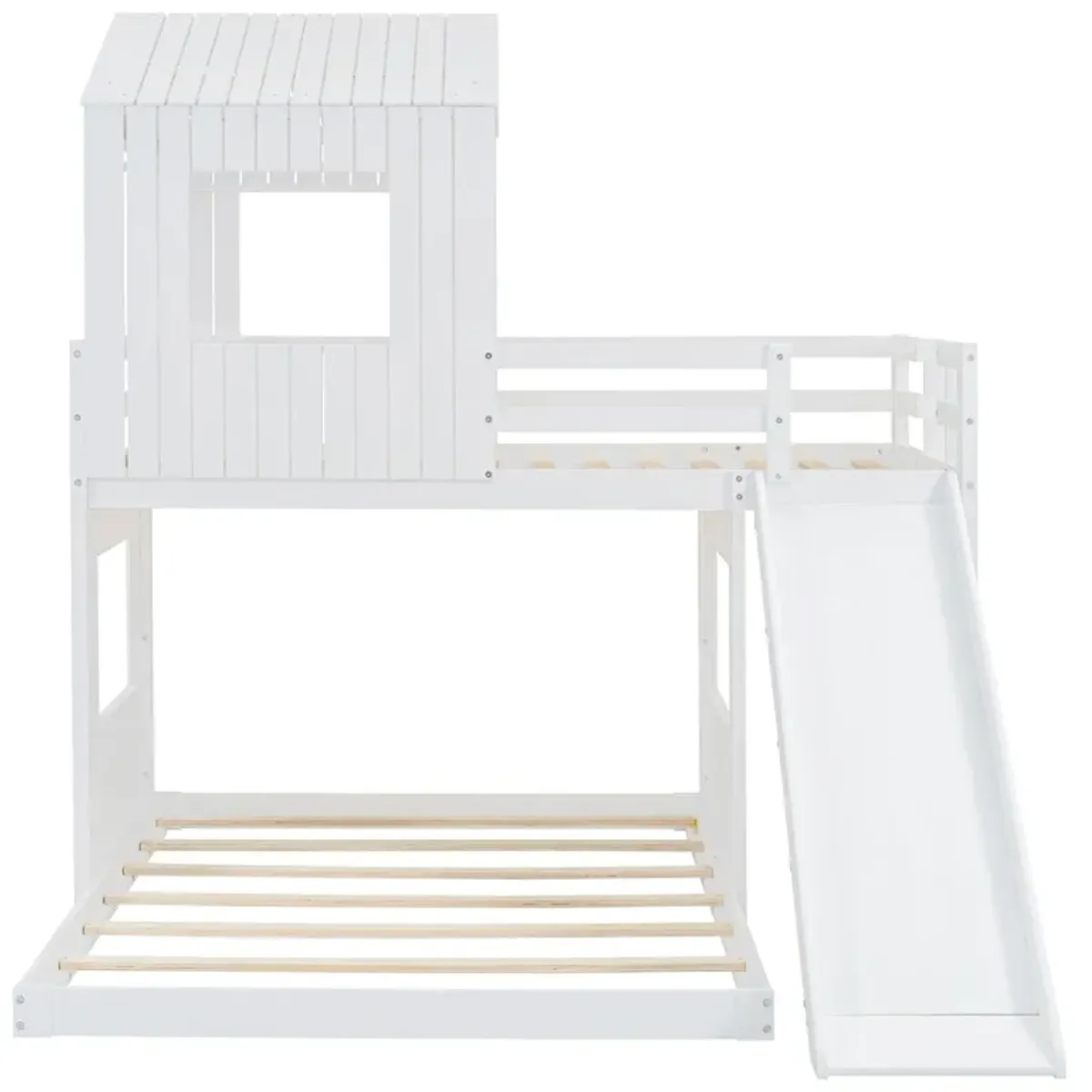 Wooden Twin Over Full Bunk Bed, Loft Bed With Playhouse, Farmhouse, Ladder, Slide And Guardrails - White