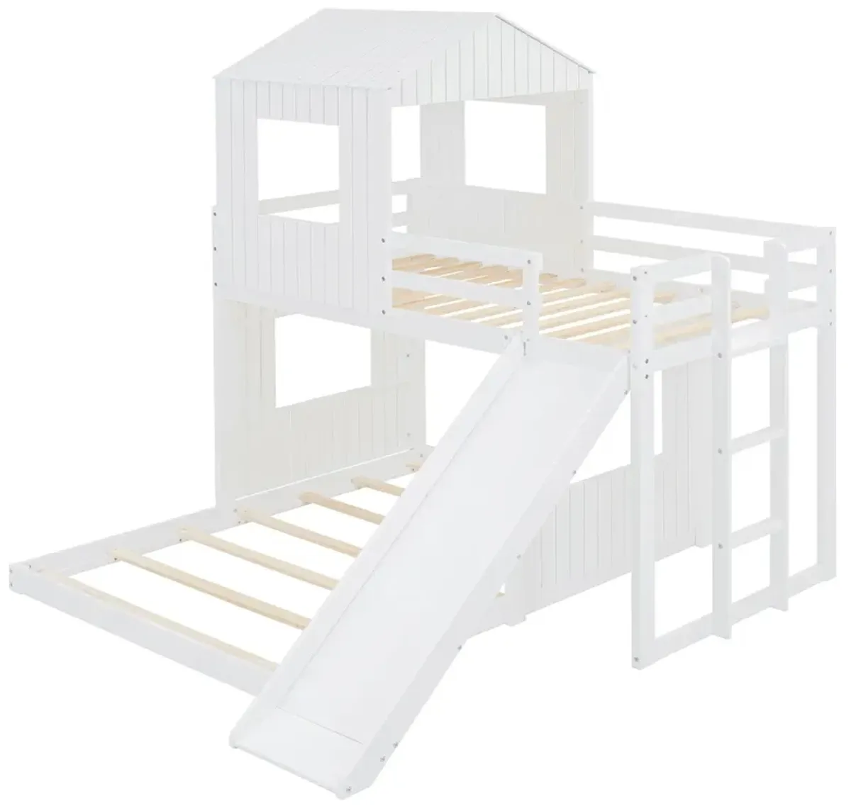 Wooden Twin Over Full Bunk Bed, Loft Bed With Playhouse, Farmhouse, Ladder, Slide And Guardrails - White